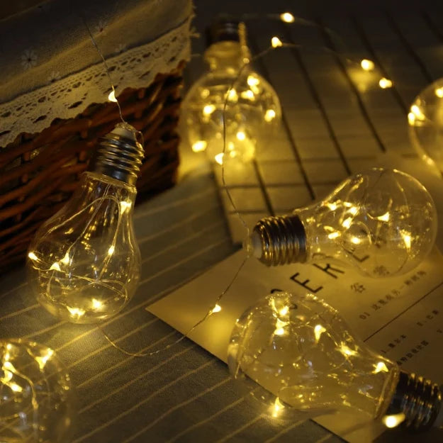 Bulb String Lights with Fairy Lights - 3AA Battery + USB Operated | Warm White