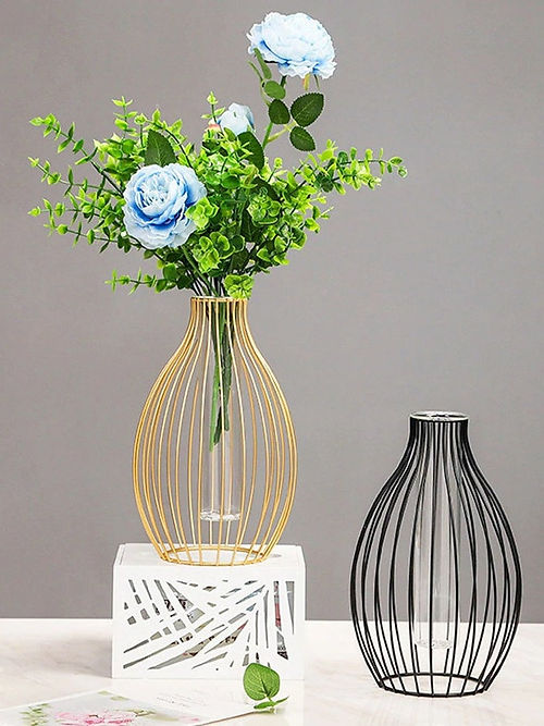 Dome Shape Metal Wire Glass Tube Vase- Golden