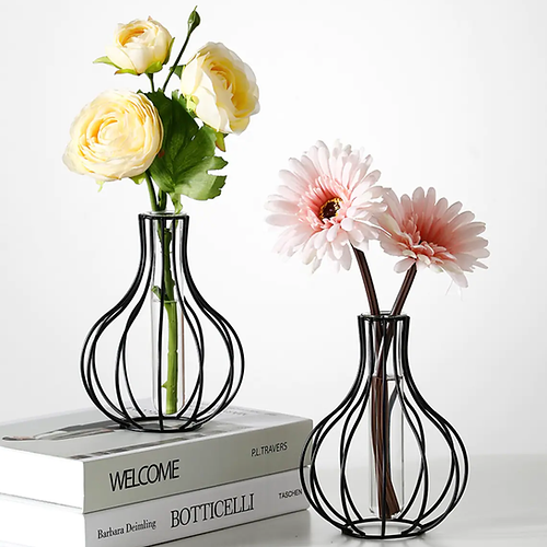 Pot shape Metal wire Glass Tube Vase- Black