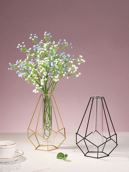 Hex Shape Metal Wire Glass Tube Vase-Golden