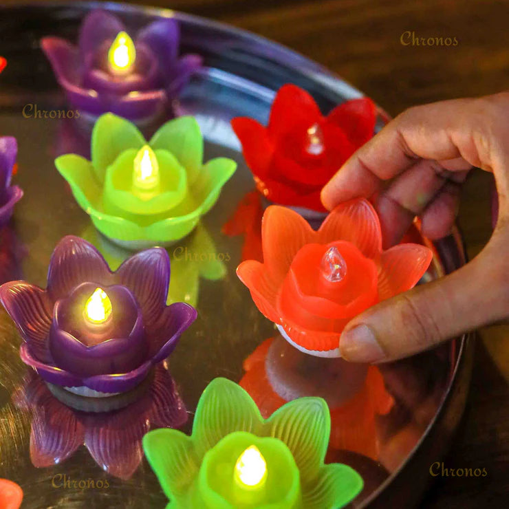 Floating Lotus Water Sensor LED Diya | Multi Color Yellow LED | Pack of 6