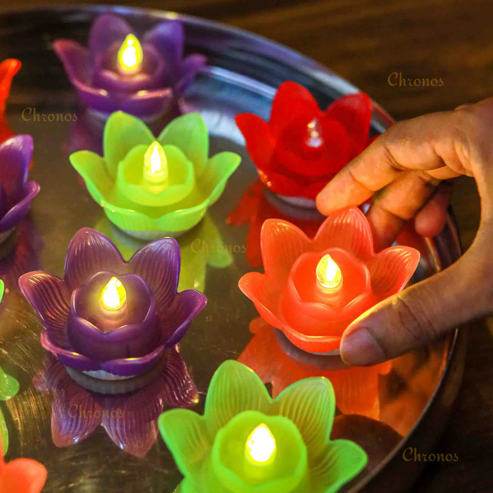 Floating Lotus Water Sensor LED Diya | Multi Color Yellow LED | Pack of 6