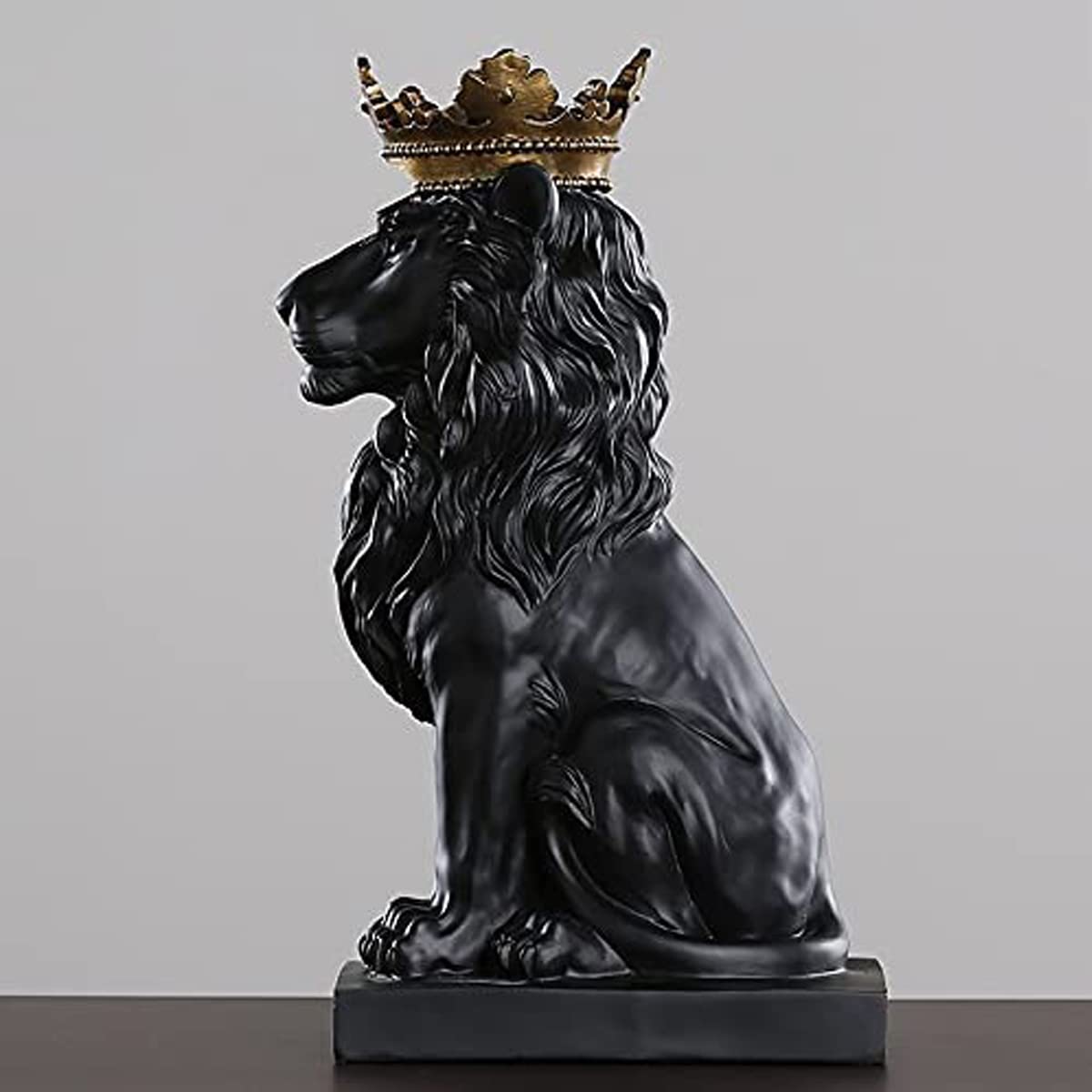 King of The Forest Lion Statue,Gold Crown Lion Figurine Animal Decoration (Black)