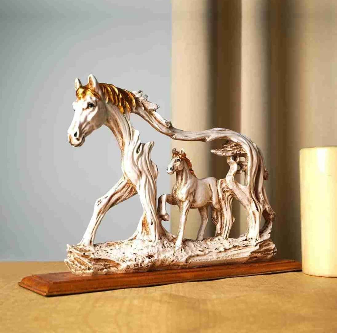 Horse Statue Showpiece with Baby Animal | Antique Finish | On Wooden Base Home Decoration