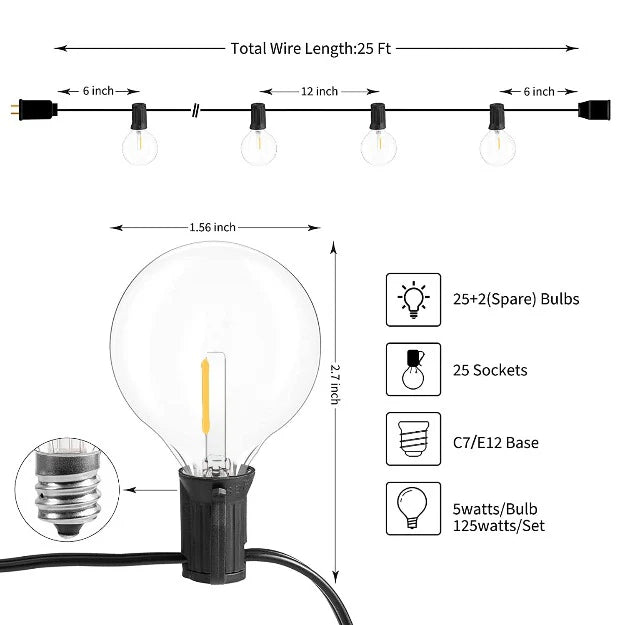 G40 Outdoor Bulb String Lights Hanging - IP44 Rainproof G40 Globe LED Bulbs