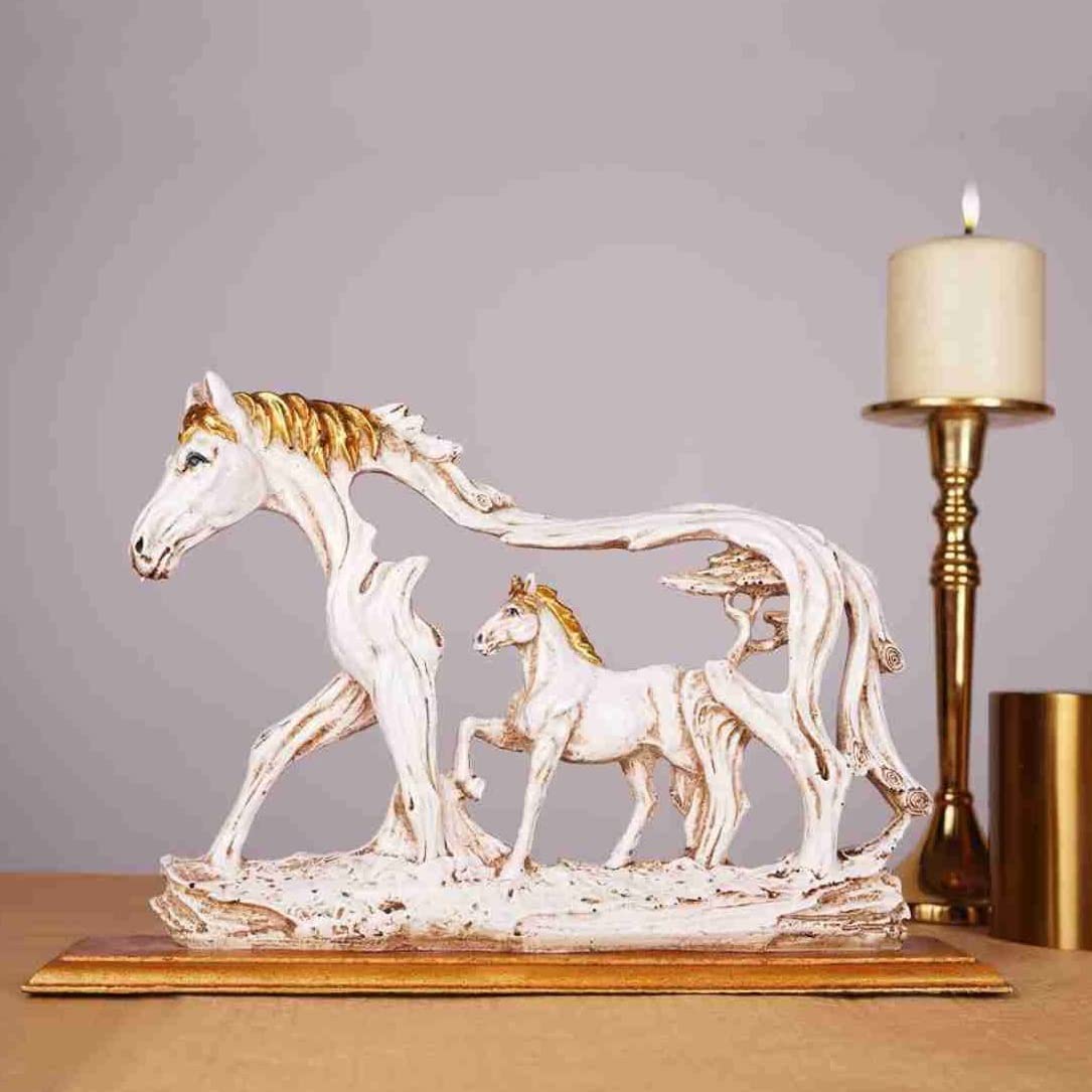 Horse Statue Showpiece with Baby Animal | Antique Finish | On Wooden Base Home Decoration