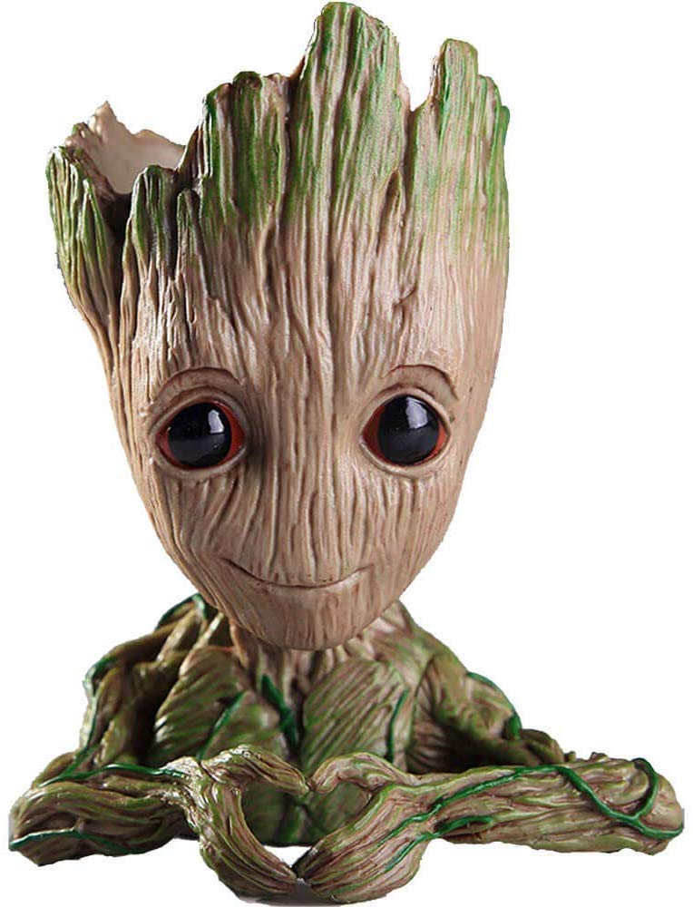 Pure Wooden Look Baby Groot Flower Pot with Drainage Hole & Fish Tank Prop (Heart Groot)