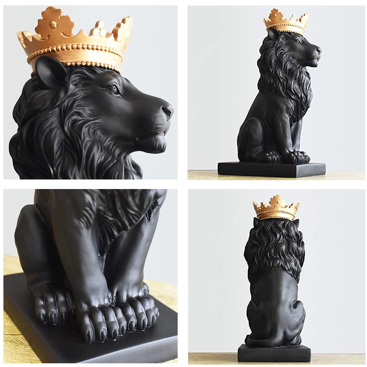 King of The Forest Lion Statue,Gold Crown Lion Figurine Animal Decoration (Black)