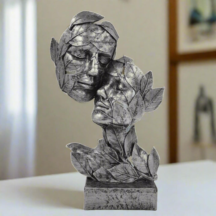 Silver Leaf Couple Faces Statue Showpiece Idol for Gifting & Home Table Decoration