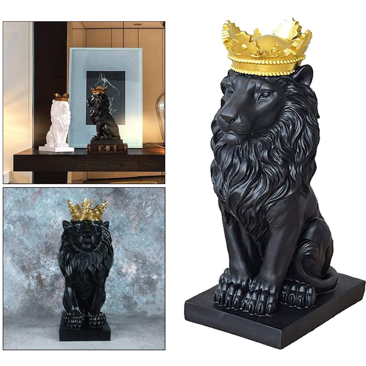 King of The Forest Lion Statue,Gold Crown Lion Figurine Animal Decoration (Black)