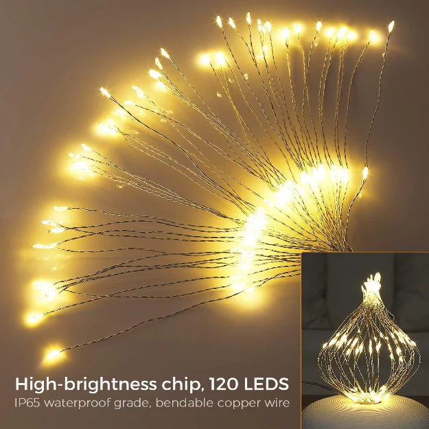 Firework Copper Wire Fairy LED String Lights - 8 Function Remote Control | IP44 Waterproof | Warm White