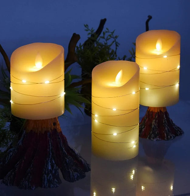 LED Pillar Candles with Fairy Lights | Pack of 3