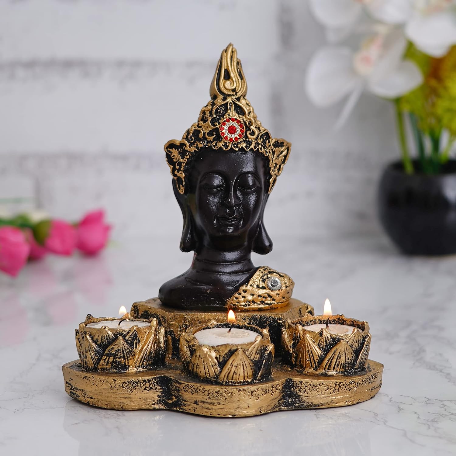 Polyresin Buddha Tealight Candle Holder with Free 3 Tealights Candles| Diwali Decorations Items for Home Decor| Diwali Candle Holder Gold