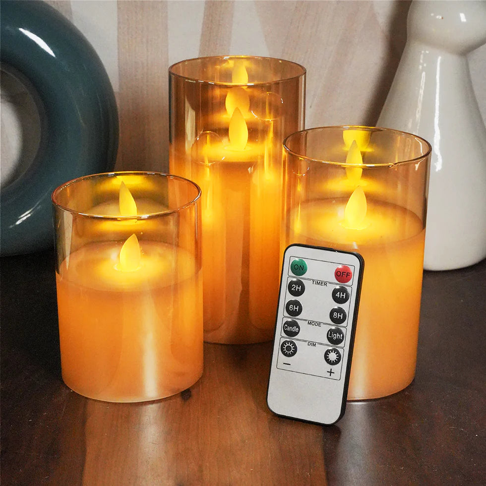 Golden Glass LED Moving Flame Pillar Candle