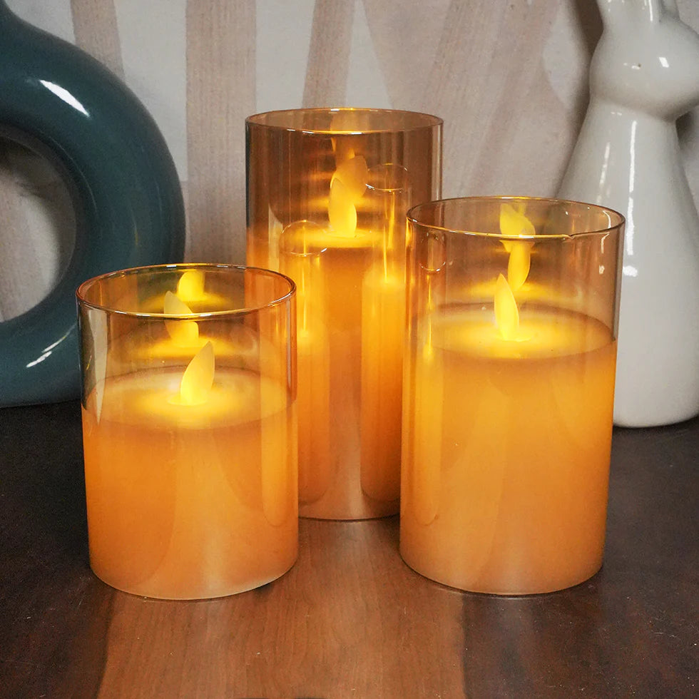 Golden Glass LED Moving Flame Pillar Candle