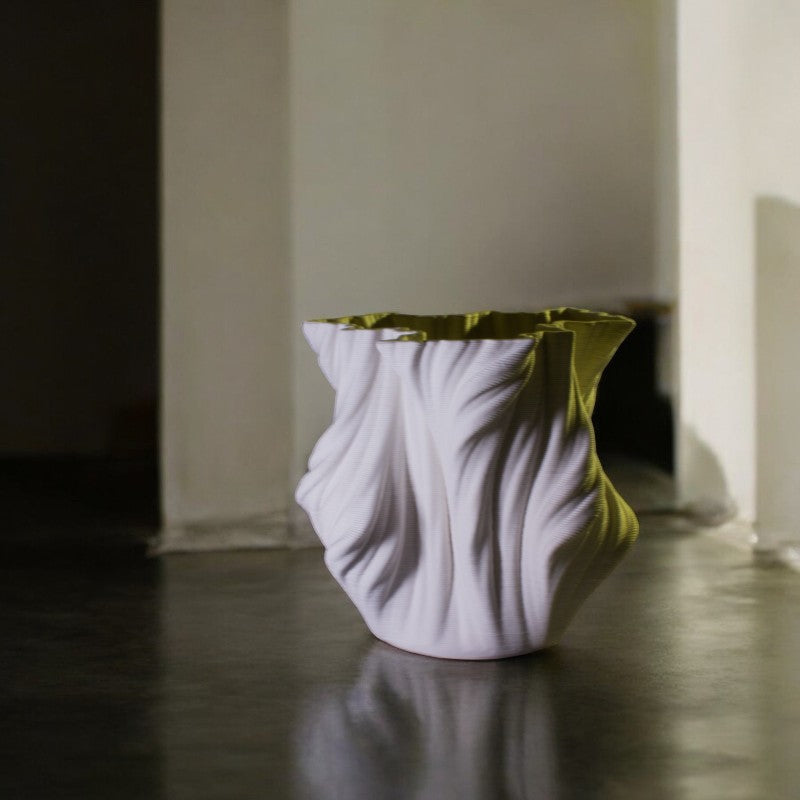 3D Printed White Ceramic Crumpled Vase