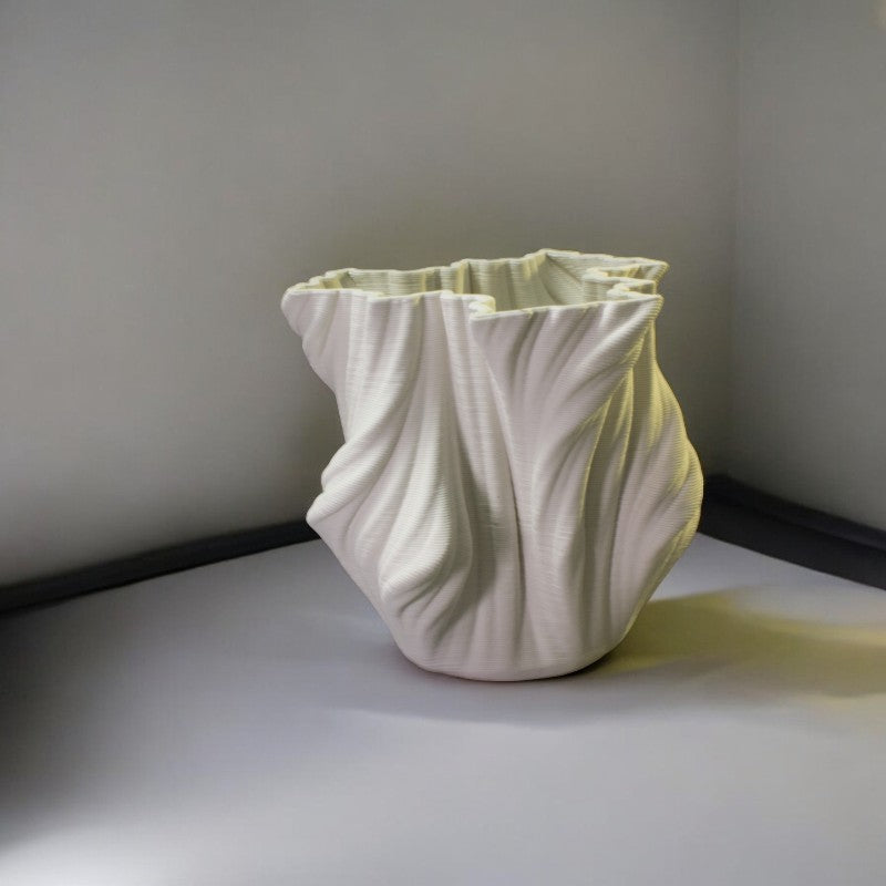 3D Printed White Ceramic Crumpled Vase