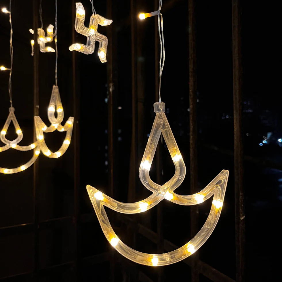 Swastik + Diya Curtain Lights | Warm White Pixel LED