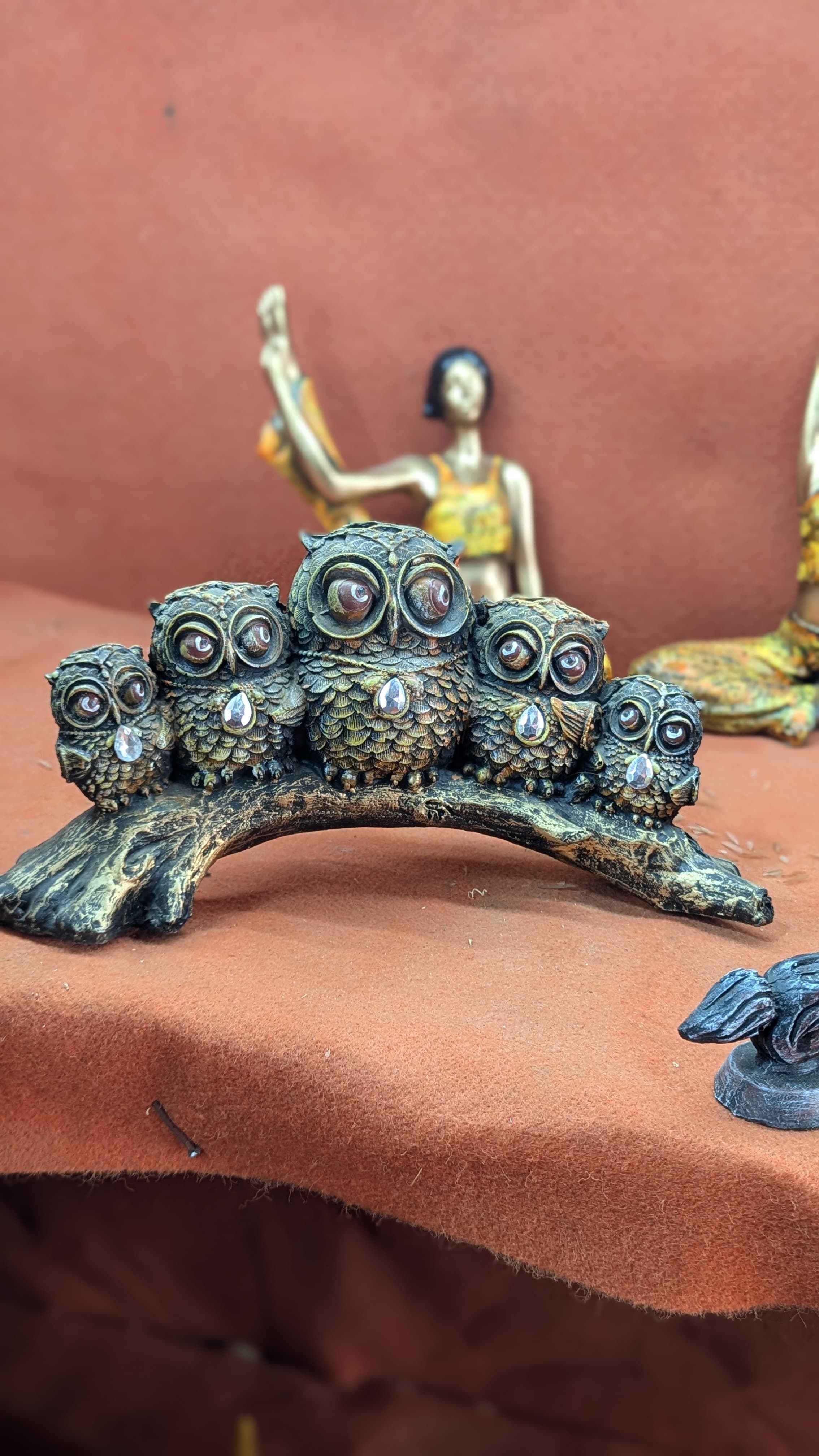 5 Owl Sitting on Branch Antique Finish Handcrafted Polyresin Decorative Showpiece, Resin