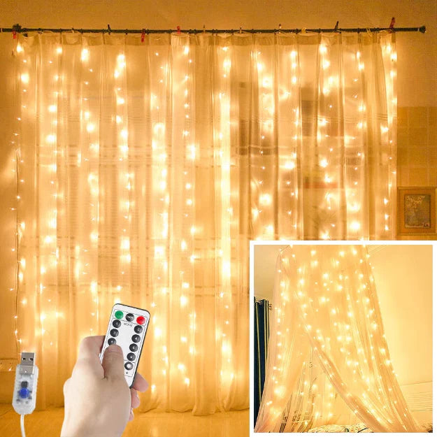 Curtain Lights | Copper Wire Fairy LED String - USB Powered | 8 Function Remote Control - Warm White