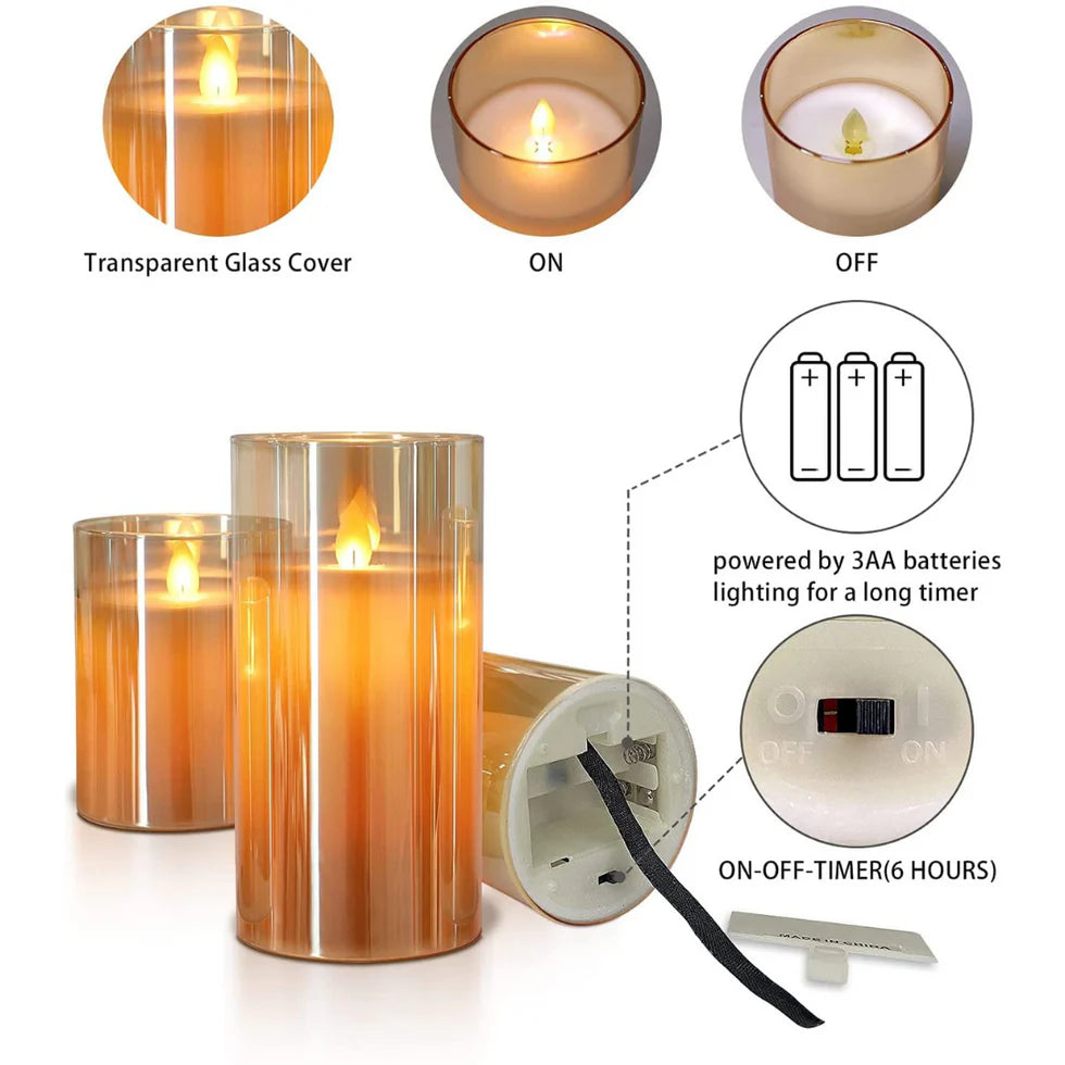 Golden Glass LED Moving Flame Pillar Candle