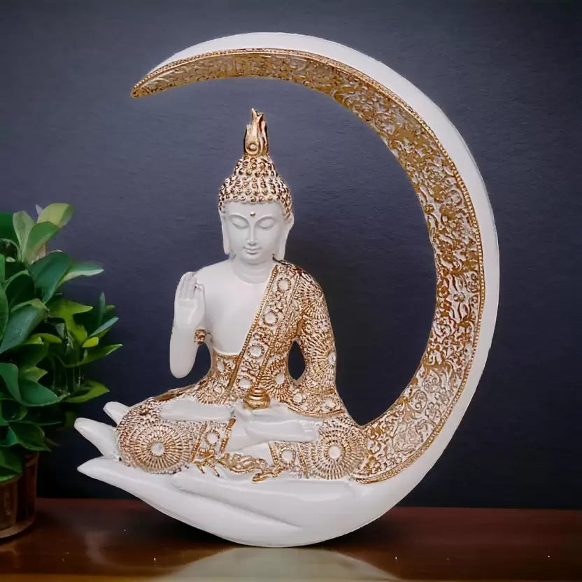 Decorative Showpiece Of Buddha Meditating On The Moon (White, Gold)