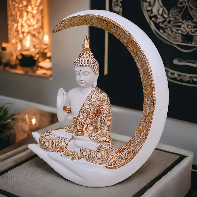 Decorative Showpiece Of Buddha Meditating On The Moon (White, Gold)