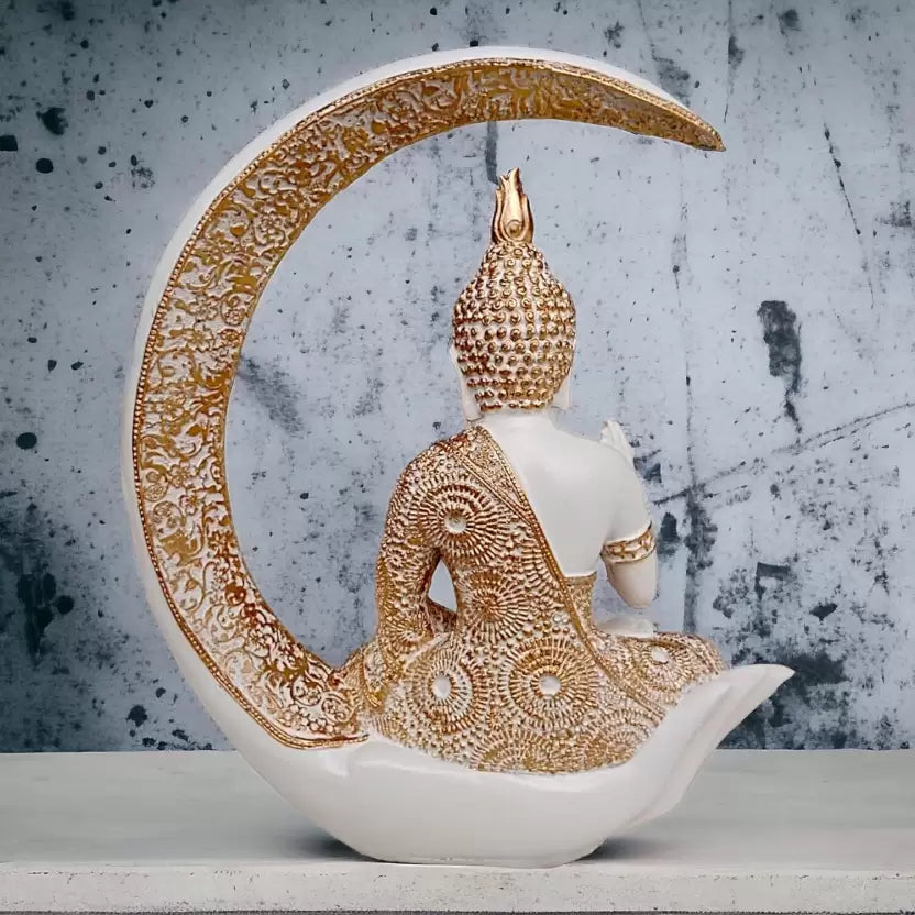 Decorative Showpiece Of Buddha Meditating On The Moon (White, Gold)