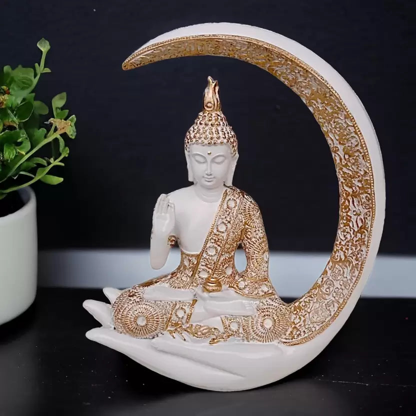 Decorative Showpiece Of Buddha Meditating On The Moon (White, Gold)