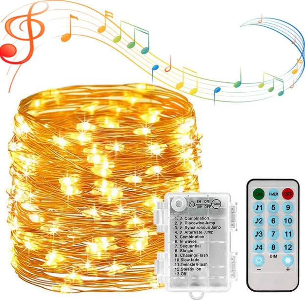 Music Beats Sync Copper Wire Fairy LED String Lights - 3AA Battery Operated | 12 Function Remote Control | IP44 Waterproof | Warm White